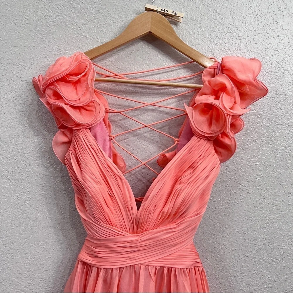 NEW $600 MAC DUGGAL RUFFLE TIERED CUT-OUT CHIFFON GOWN CORAL SIZE 12 - Picture 11 of 17